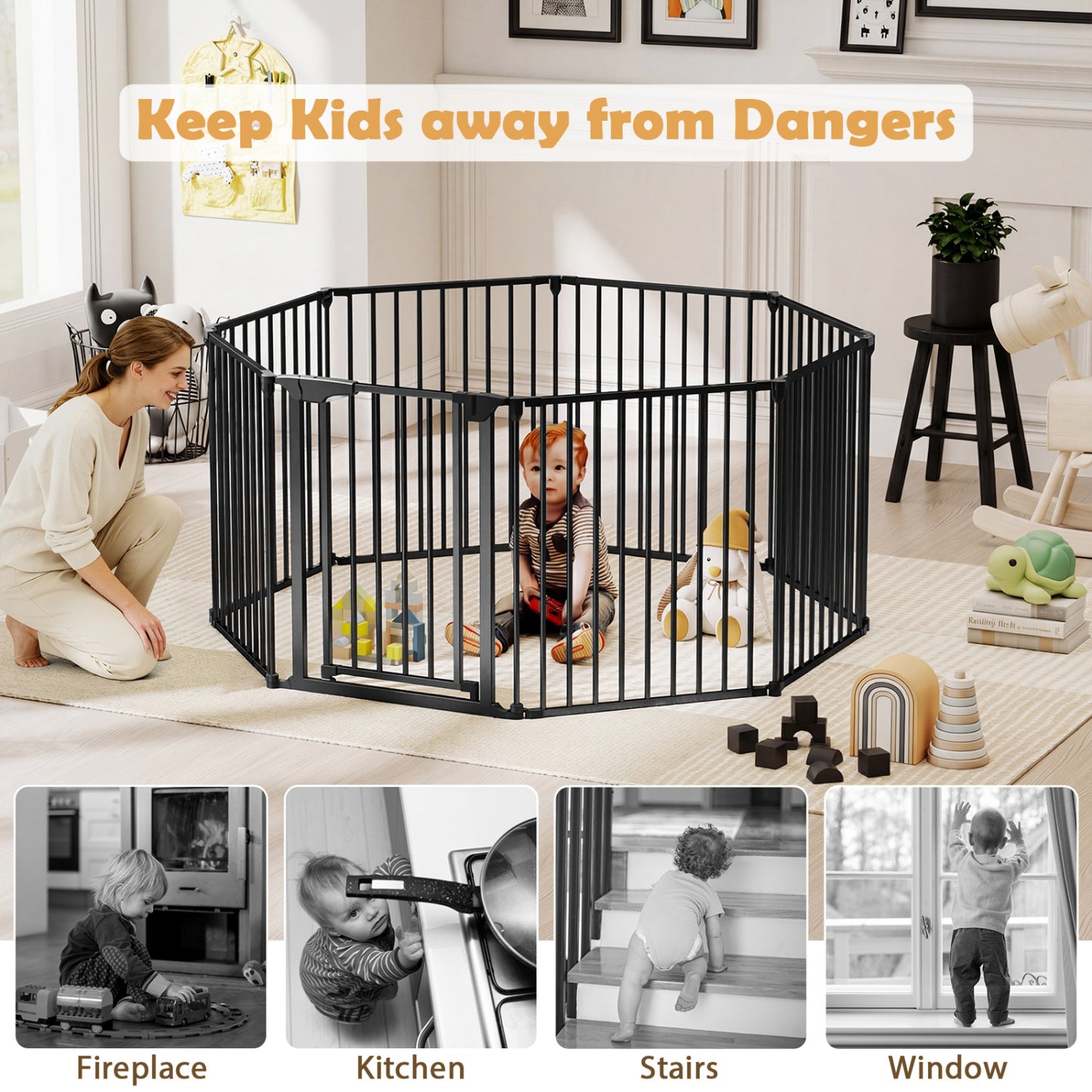 8-Panel Extra Wide Baby Gate Adjustable Pet Safety Fence with Auto-close Door-Black