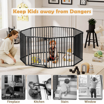 8-Panel Extra Wide Baby Gate Adjustable Pet Safety Fence with Auto-close Door-Black