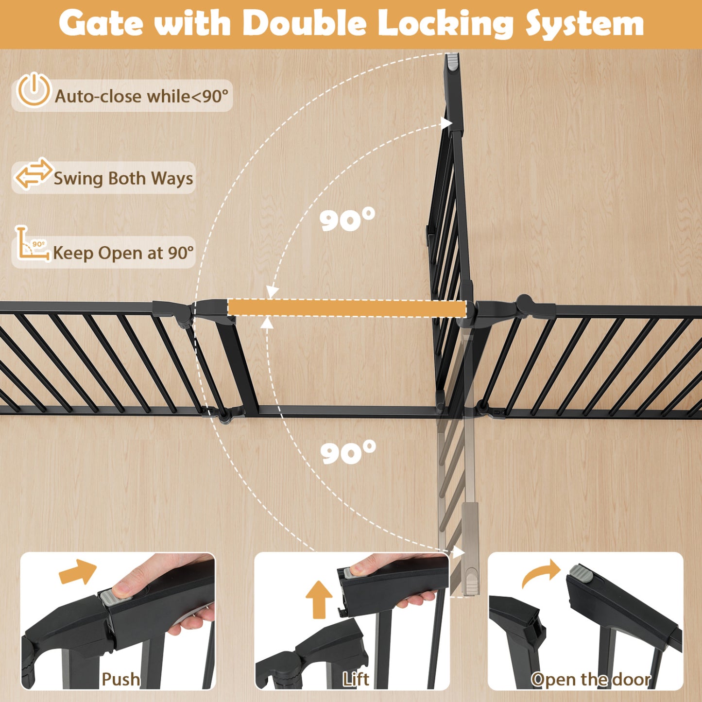 8-Panel Extra Wide Baby Gate Adjustable Pet Safety Fence with Auto-close Door-Black