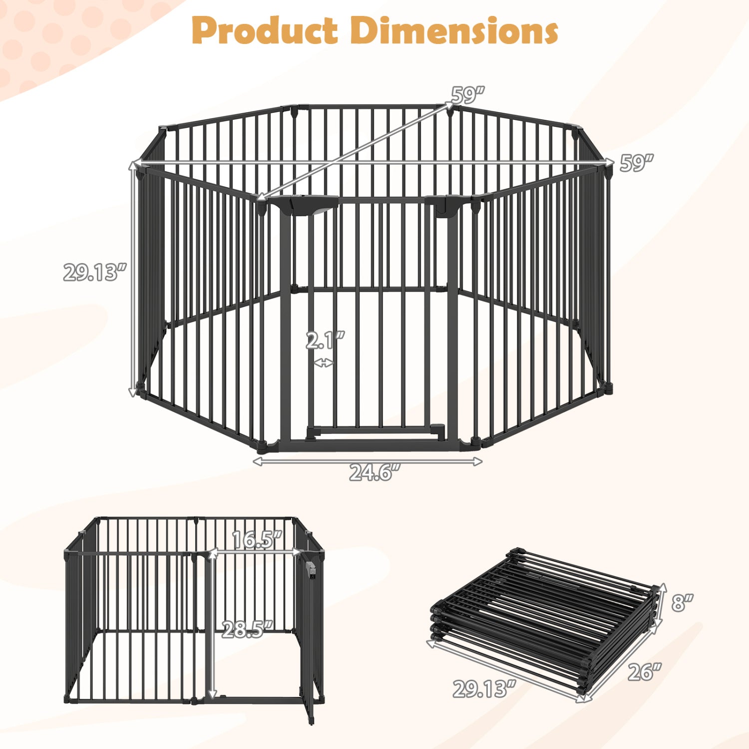 8-Panel Extra Wide Baby Gate Adjustable Pet Safety Fence with Auto-close Door-Black