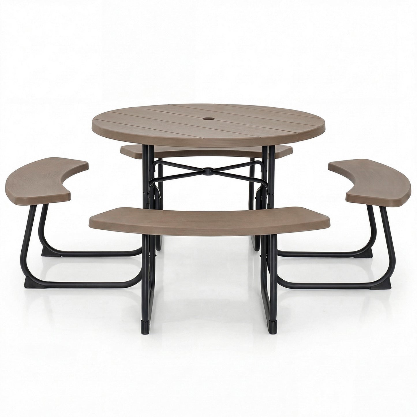 8-Person Outdoor Picnic Table and Bench Set with Umbrella Hole-Black - Rustic Brown