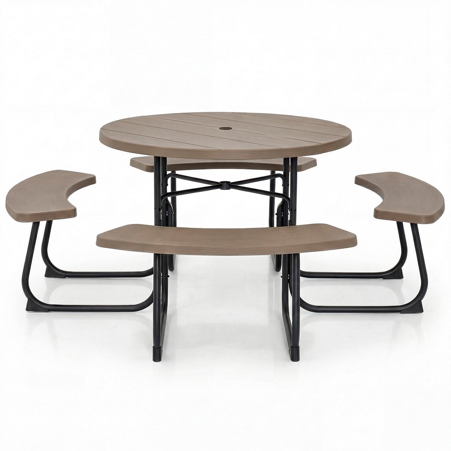 8-Person Outdoor Picnic Table and Bench Set with Umbrella Hole-Black - Rustic Brown