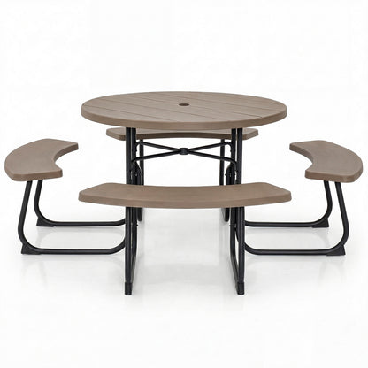 8-Person Outdoor Picnic Table and Bench Set with Umbrella Hole-Black - Rustic Brown