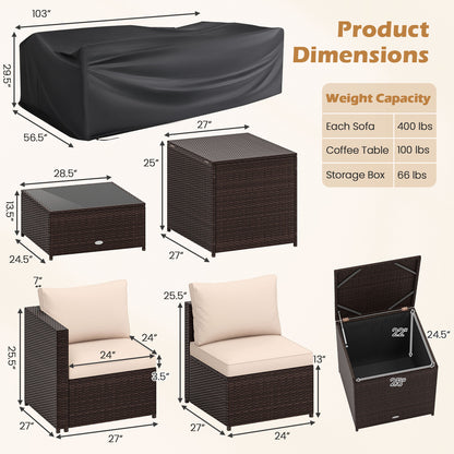 8 Piece Patio Furniture Set with Storage Box and Tempered Glass Coffee Table-Beige