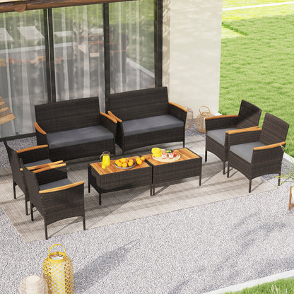 8 Piece Patio Wicker Sofa Set 4 Rattan Chairs and 2 Loveseat with 2 Table