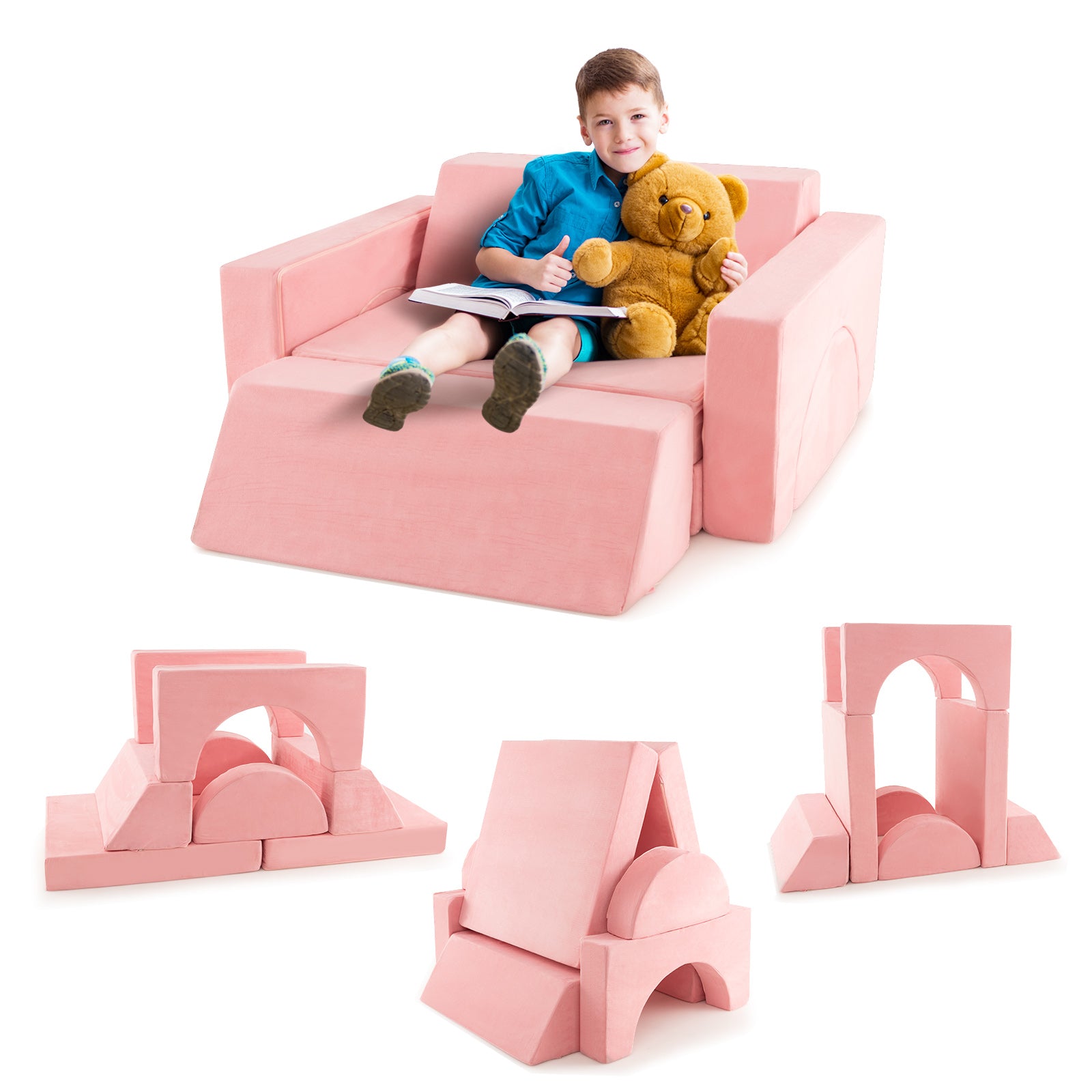 8 Pieces Kids Modular Play Sofa with Detachable Cover for Playroom and Bedroom-Gray - Pink