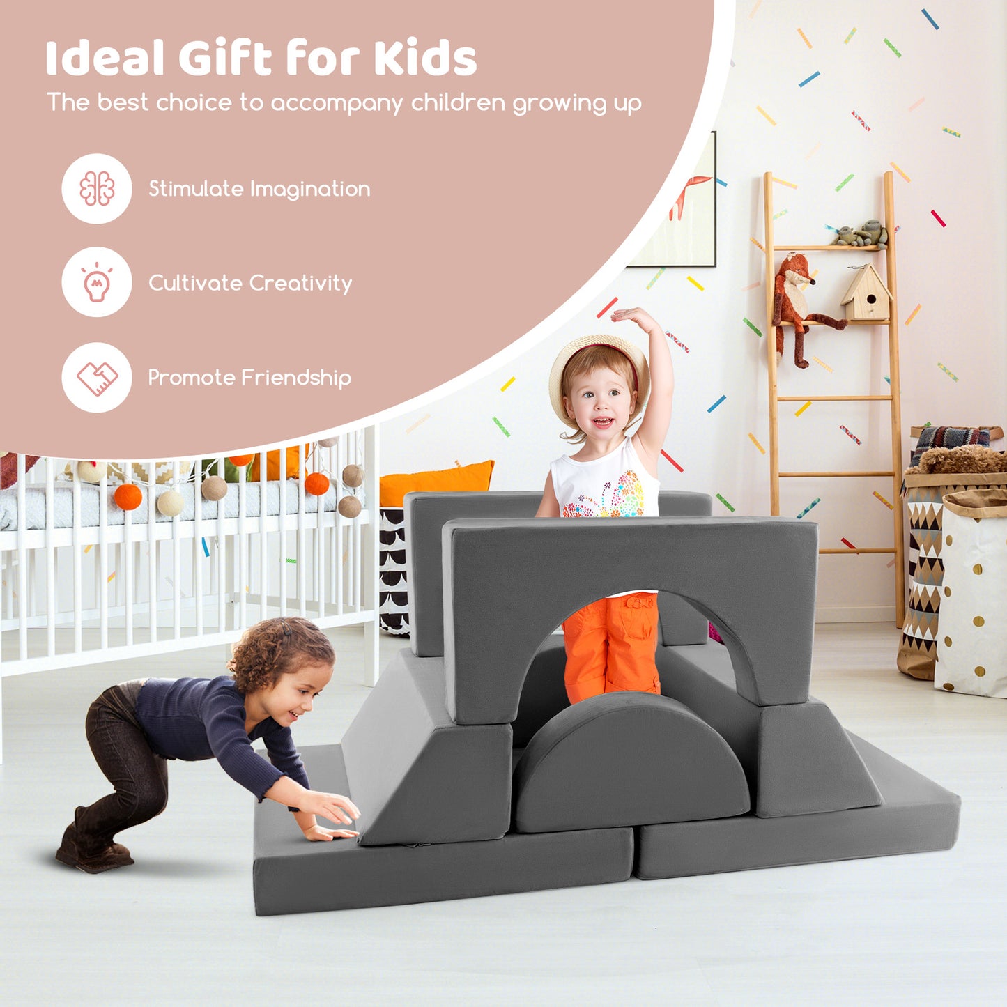 8 Pieces Kids Modular Play Sofa with Detachable Cover for Playroom and Bedroom