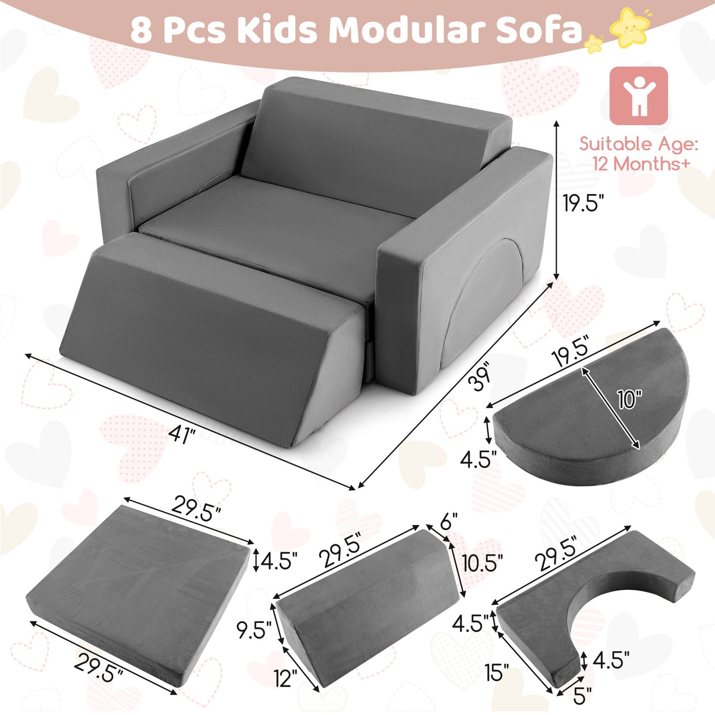 8 Pieces Kids Modular Play Sofa with Detachable Cover for Playroom and Bedroom