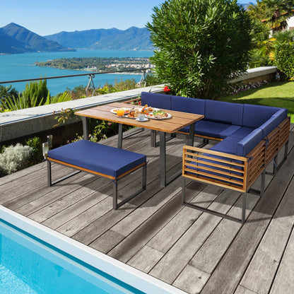 8 Pieces Patio Acacia Wood Dining Table Set with Ottoman Cushions-Navy