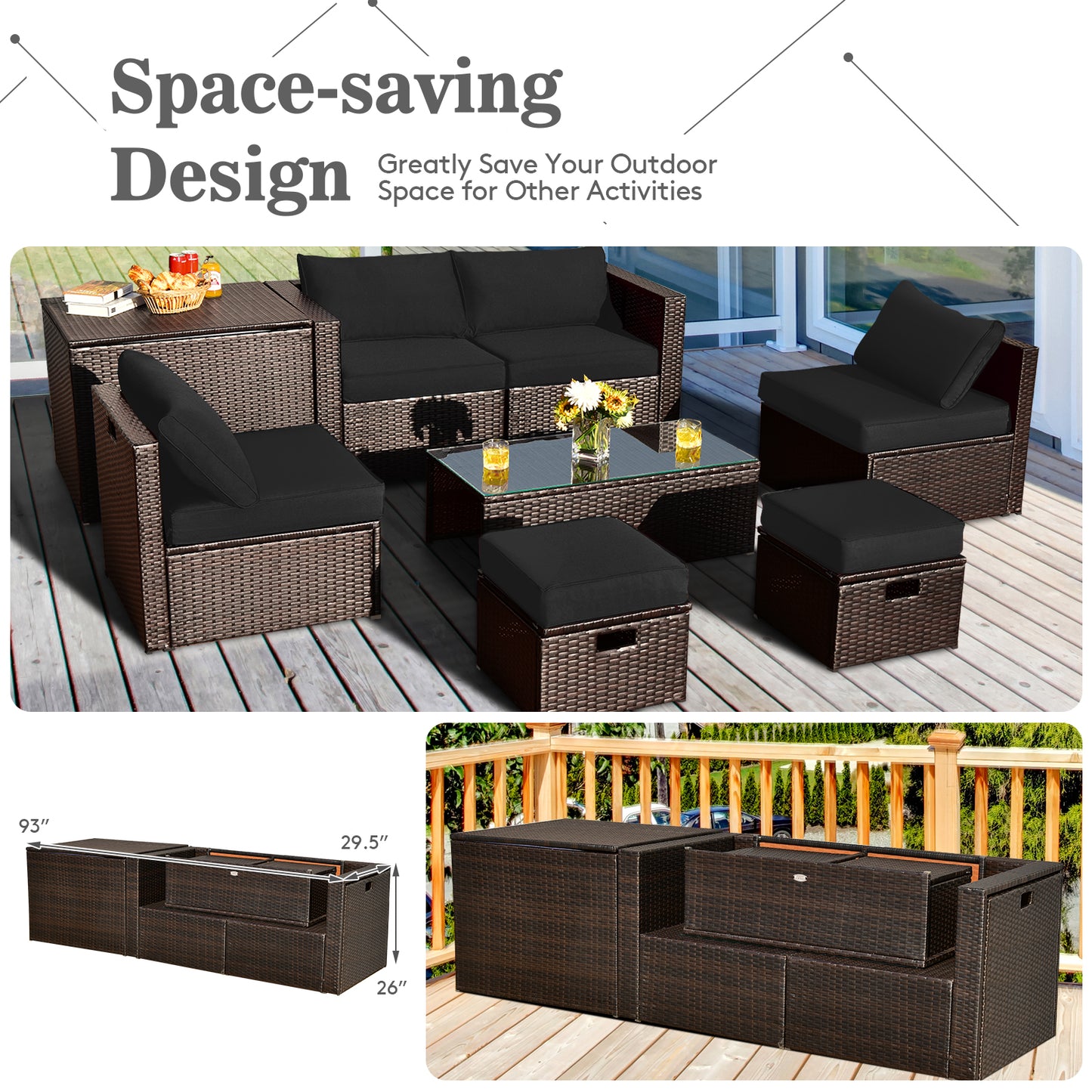 8 Pieces Patio Space-Saving Rattan Furniture Set with Storage Box and Waterproof Cover-Gray