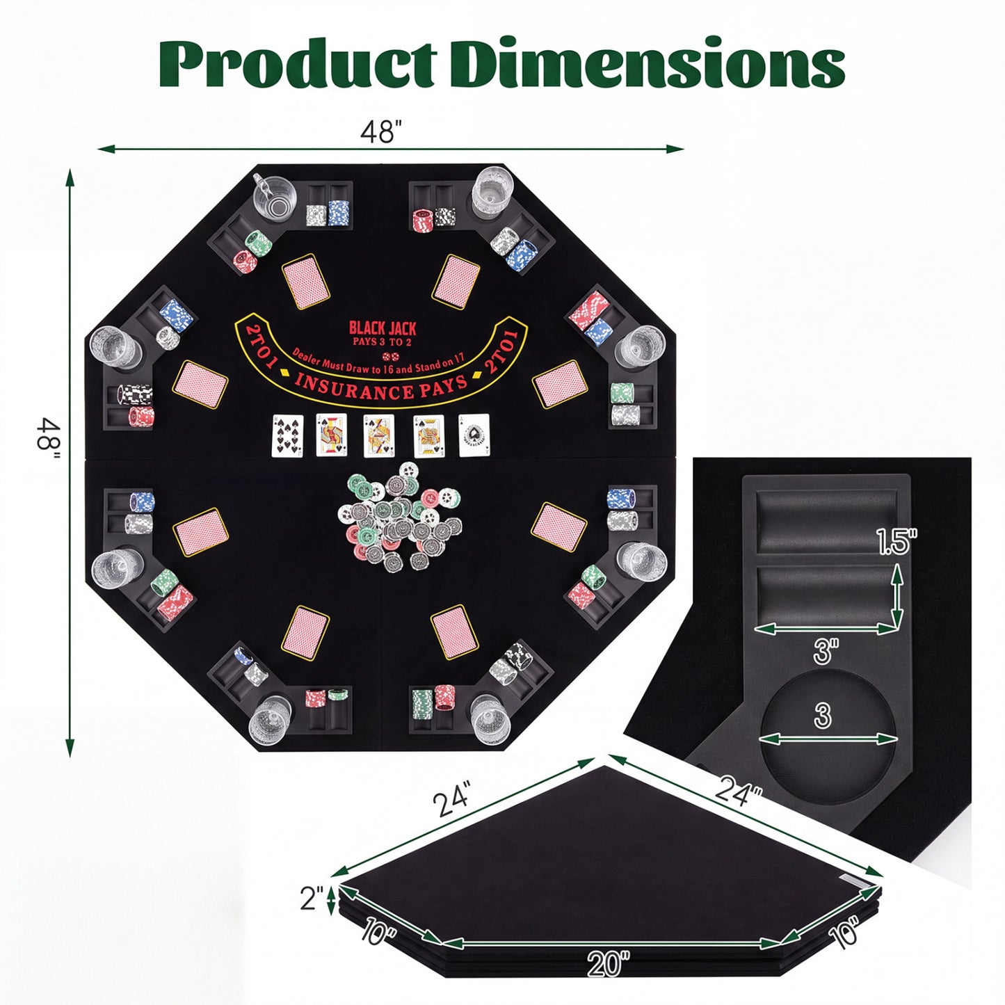 8-Player Foldable Poker Table Top with Cup Holders