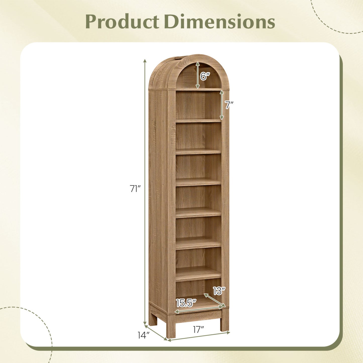 8-Tier Modern Arch Bookshelf with 3 Adjustable Shelves