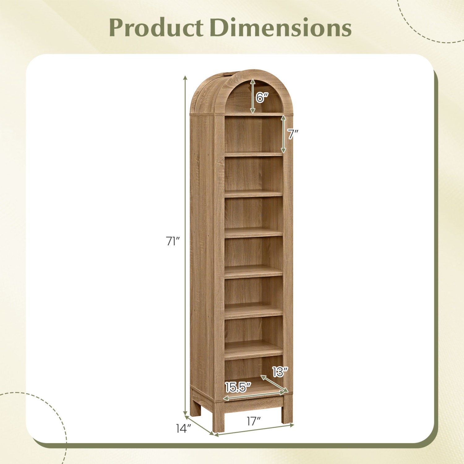 8-Tier Modern Arch Bookshelf with 3 Adjustable Shelves