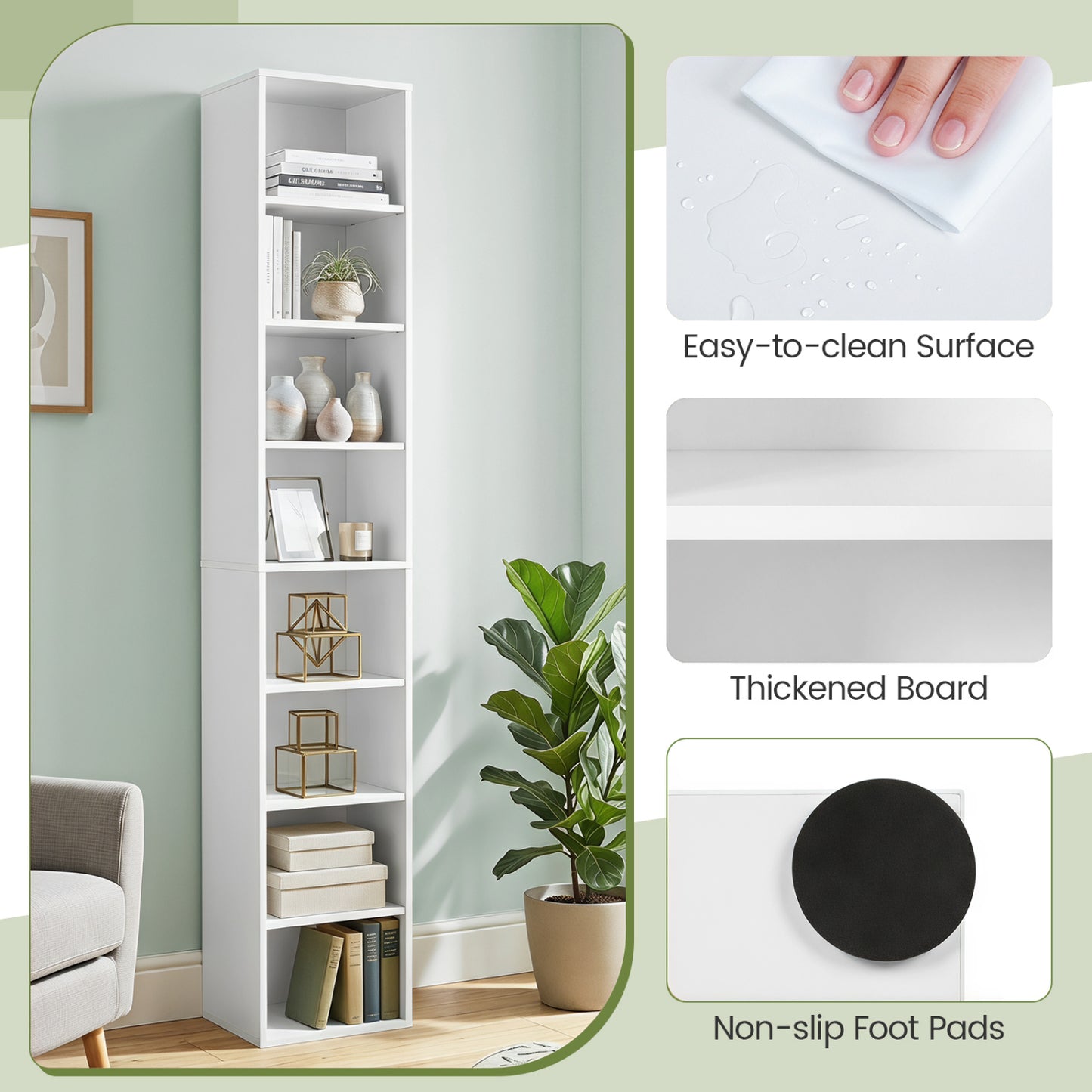 8-Tier Narrow Bookshelf with Adjustable Shelves