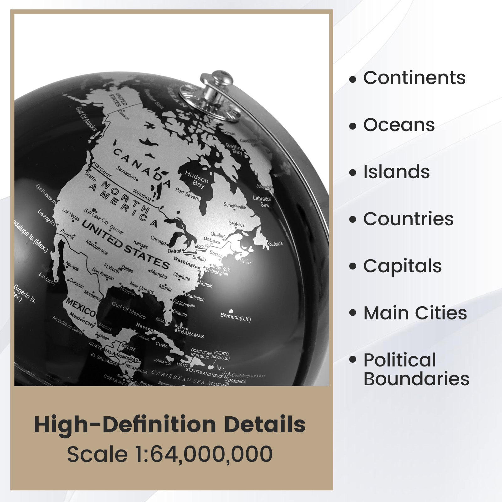 8" World Globe Modern Decorative Tabletop Earth Globe-Silver