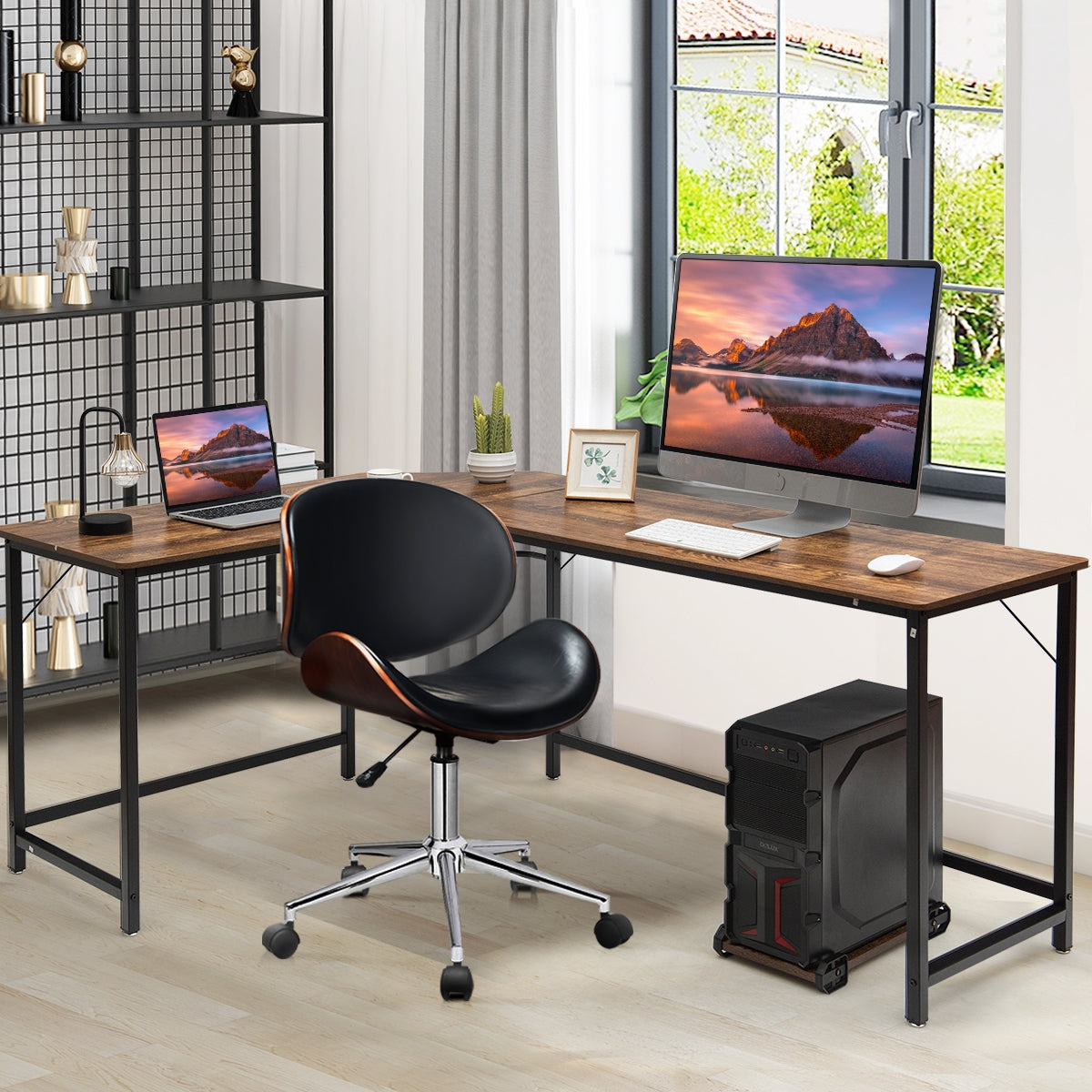 L Shaped Corner Computer Desk Laptop Gaming Table Workstation-Brown