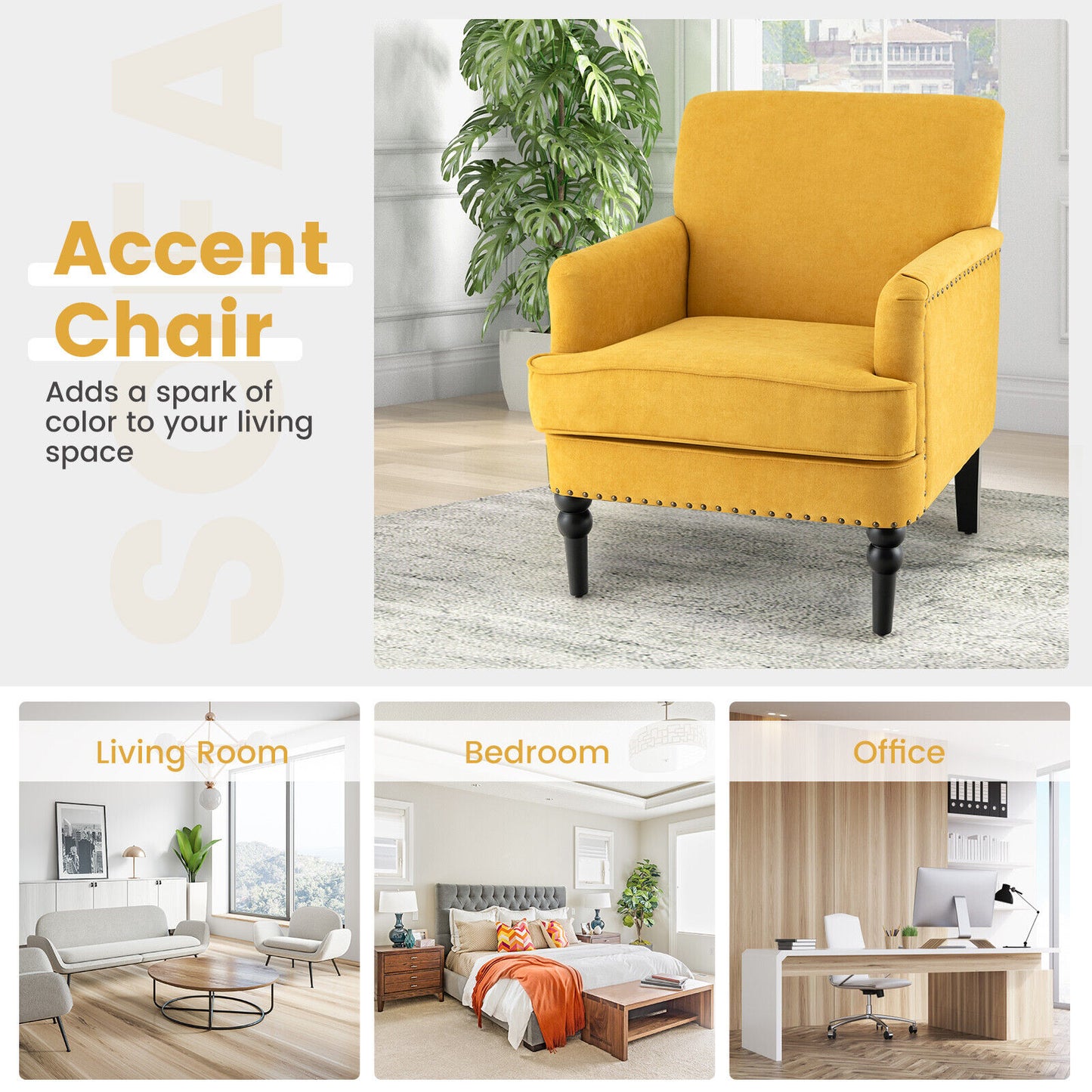 Modern Upholstered Padded Accent Chair with Rubber Wood Legs-Yellow