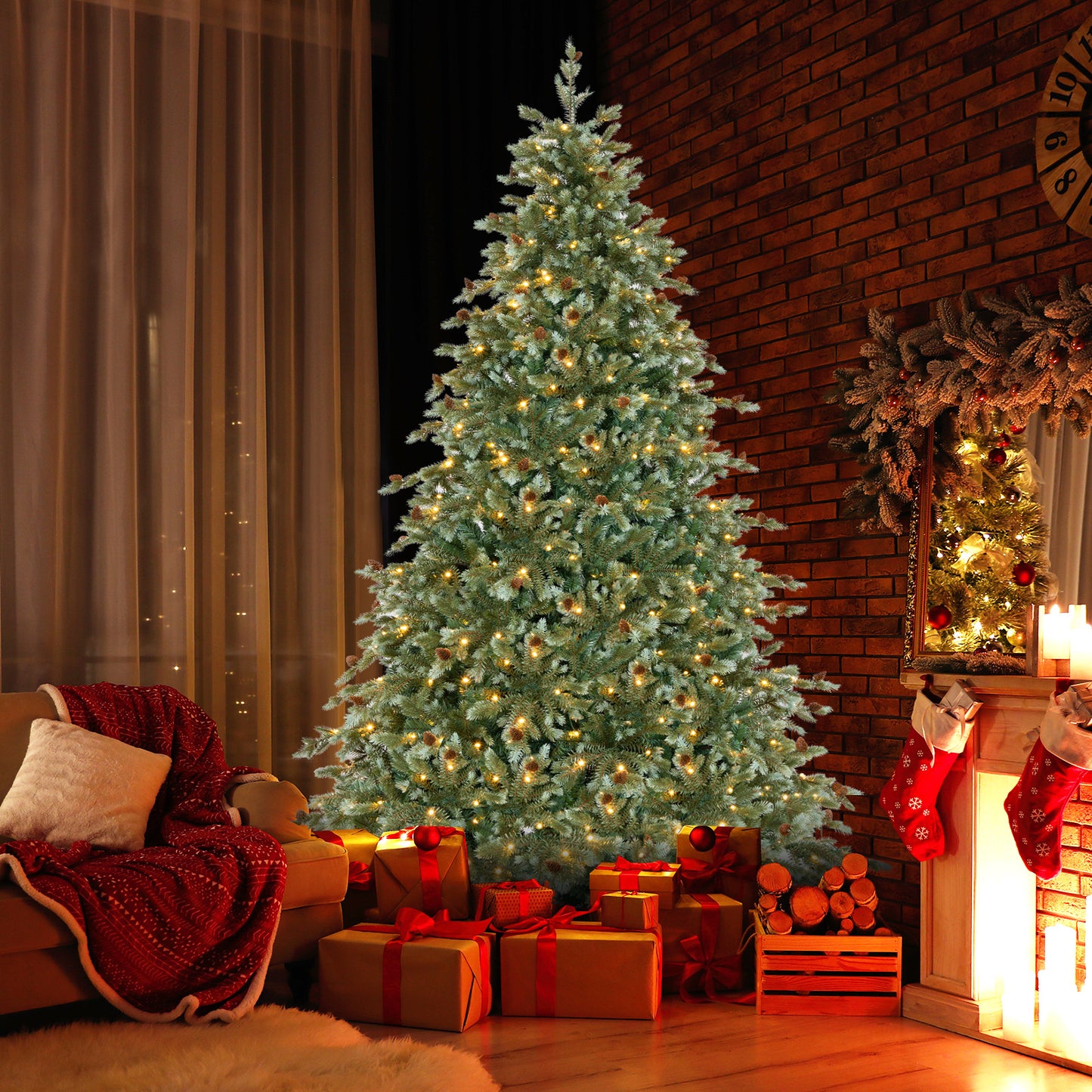 8 Feet Christmas Tree with 8 Lighting Modes and Pine Cones-8 ft