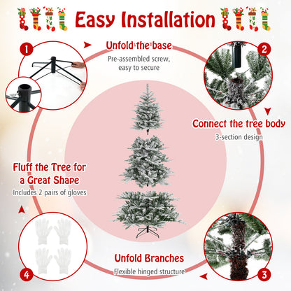 8 Feet Snow Flocked Artificial Christmas Tree with Cool White LED Lights