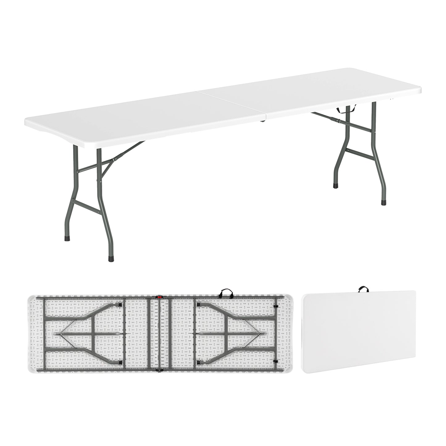 8 ft Portable Folding Table 350 LBS Fold-in-Half Table with HDPE Tabletop-Black - White