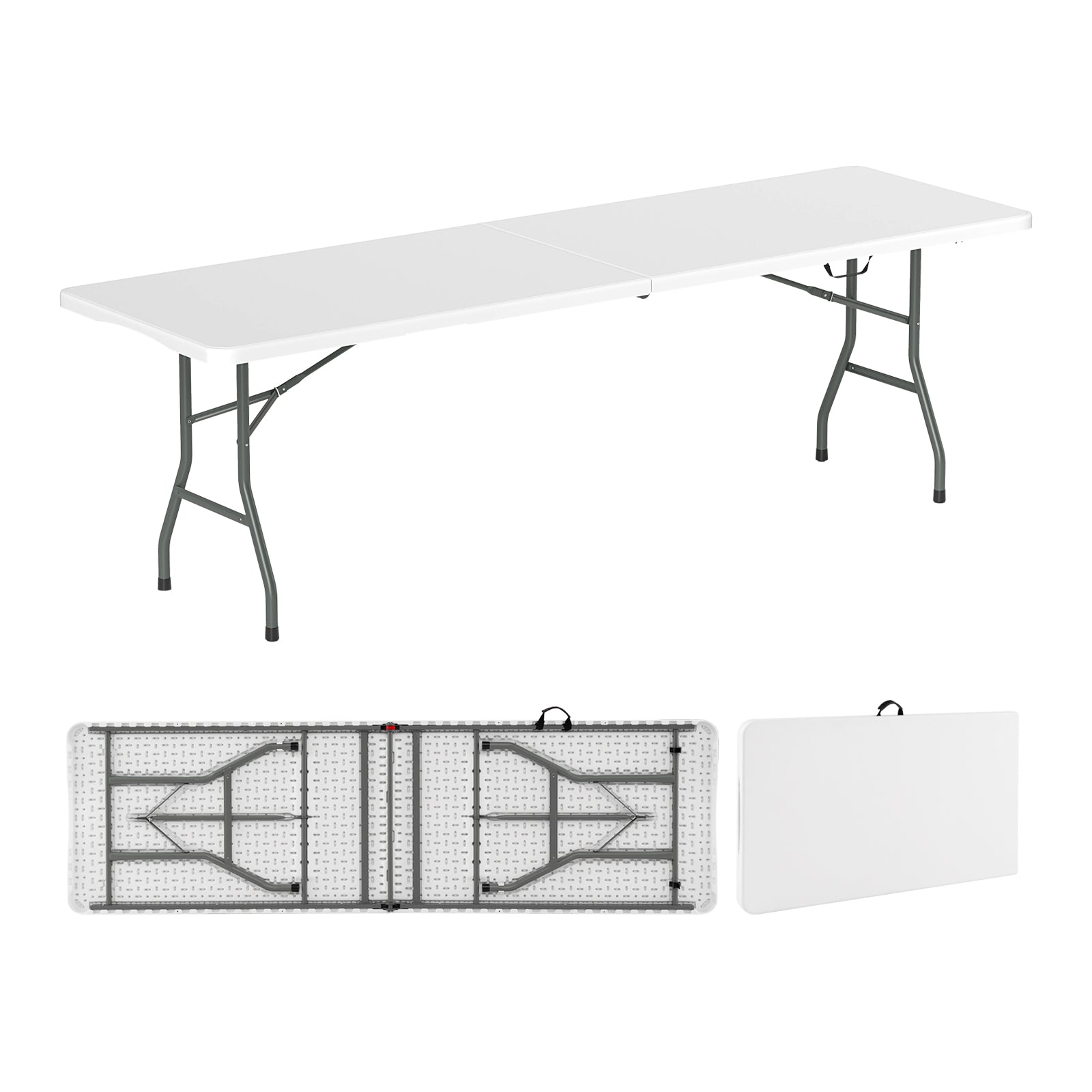 8 ft Portable Folding Table 350 LBS Fold-in-Half Table with HDPE Tabletop-Black - White