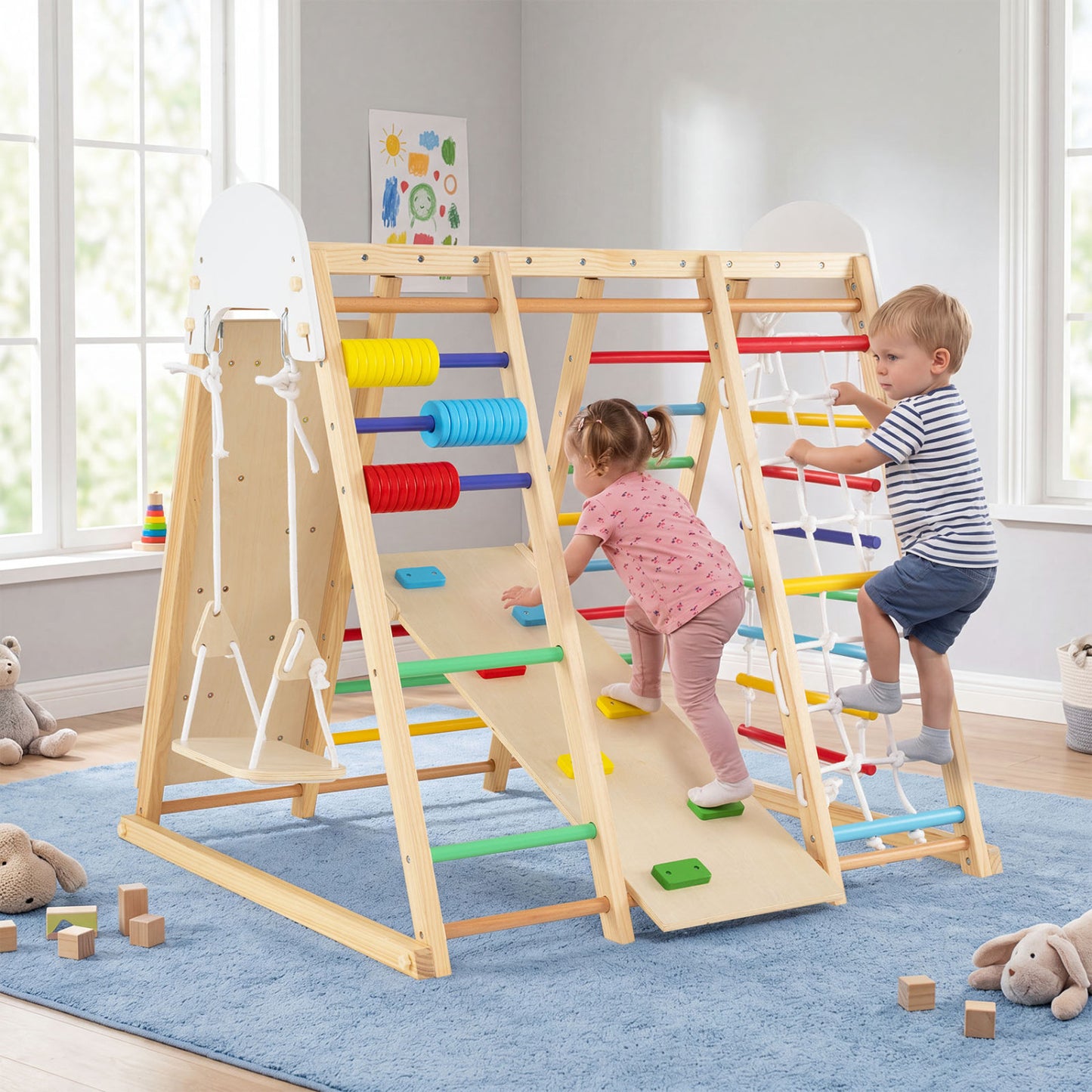 8-in-1 Foldable Indoor Jungle Gym with Swing and Monkey Bars