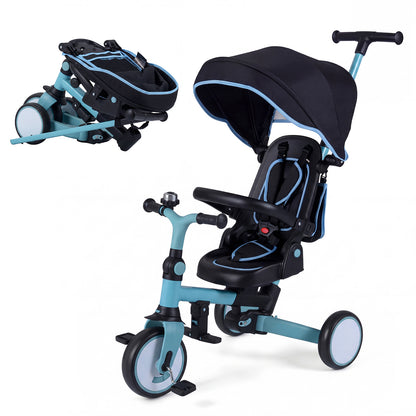 8-in-1 Folding Kids Tricycle with Removable Canopy and Push Handle-Blue