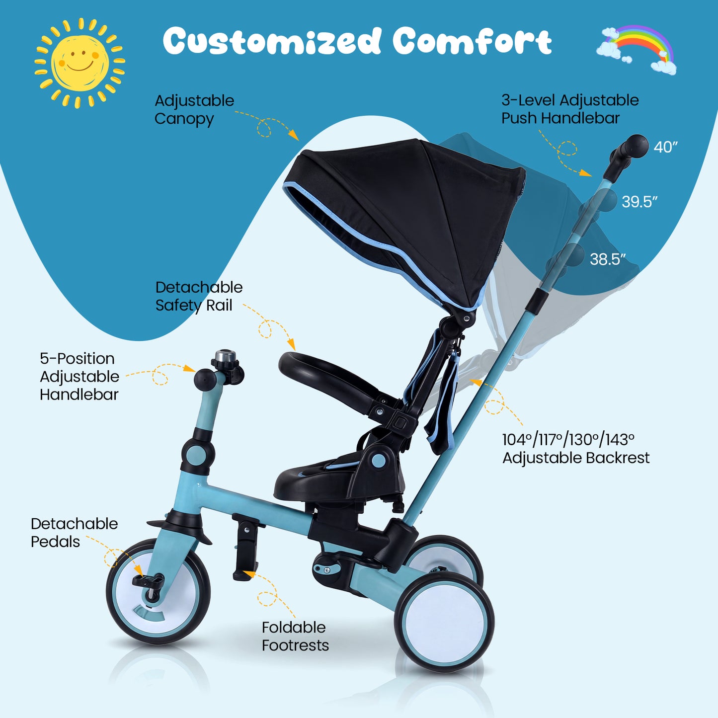 8-in-1 Folding Kids Tricycle with Removable Canopy and Push Handle-Blue