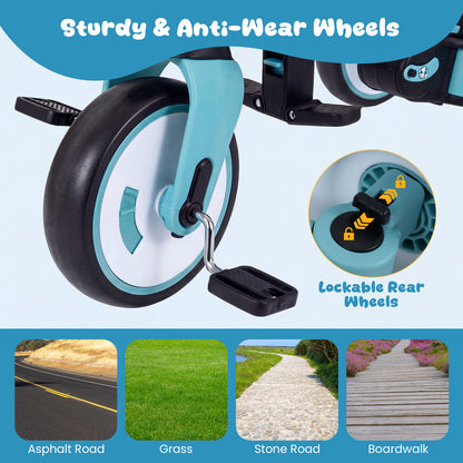 8-in-1 Folding Kids Tricycle with Removable Canopy and Push Handle-Blue