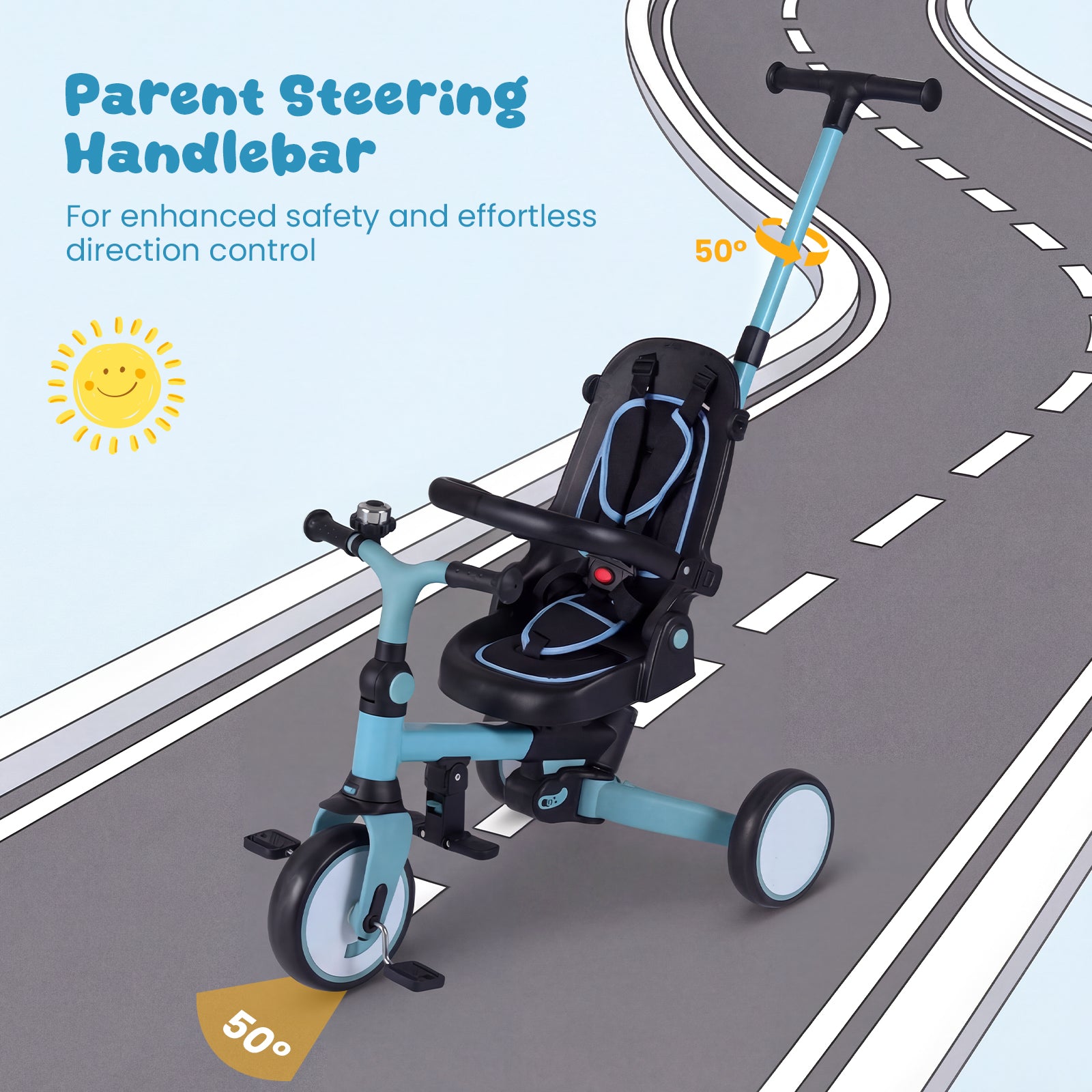 8-in-1 Folding Kids Tricycle with Removable Canopy and Push Handle-Blue