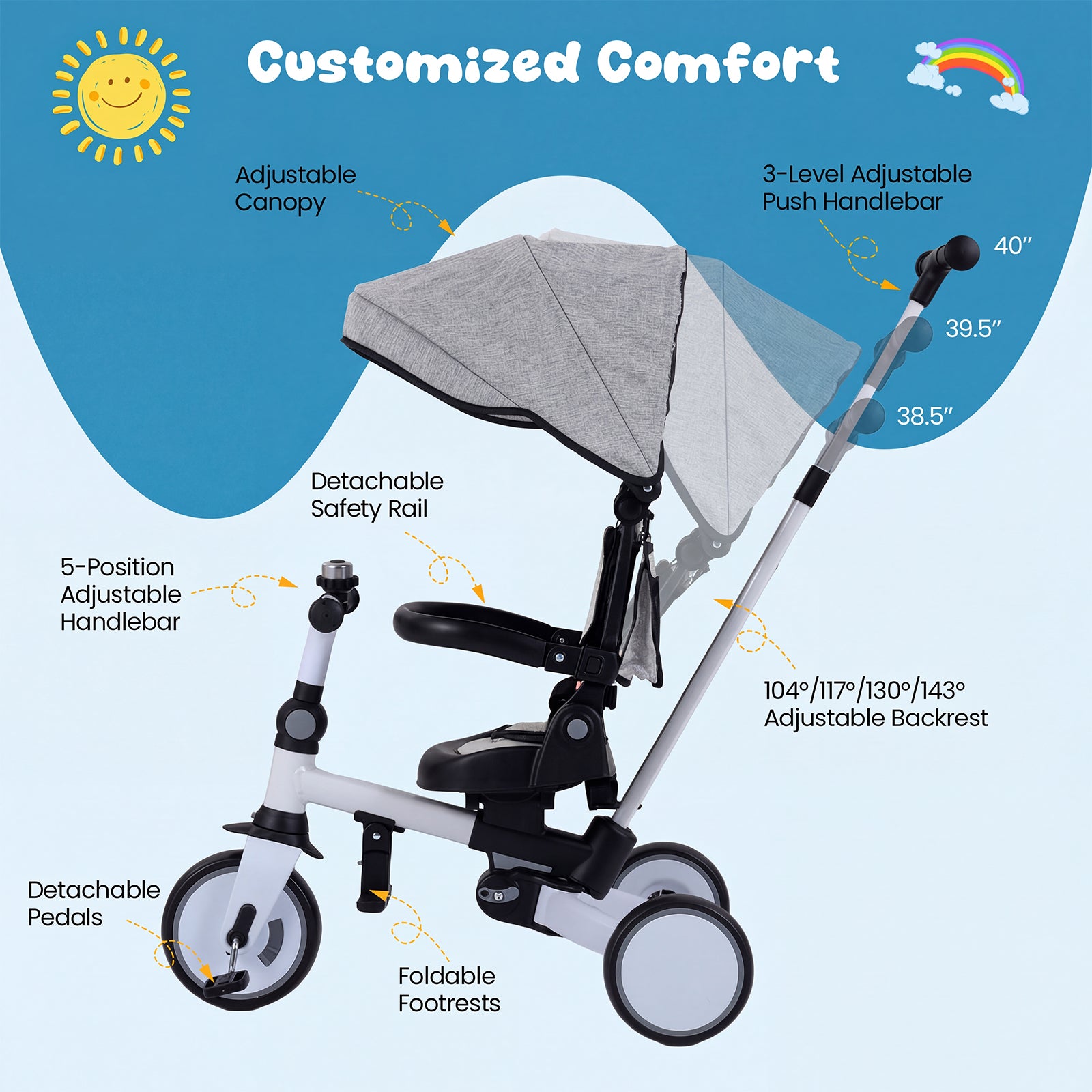 8-in-1 Folding Kids Tricycle with Removable Canopy and Push Handle-Gray