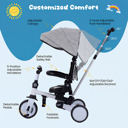 8-in-1 Folding Kids Tricycle with Removable Canopy and Push Handle-Gray