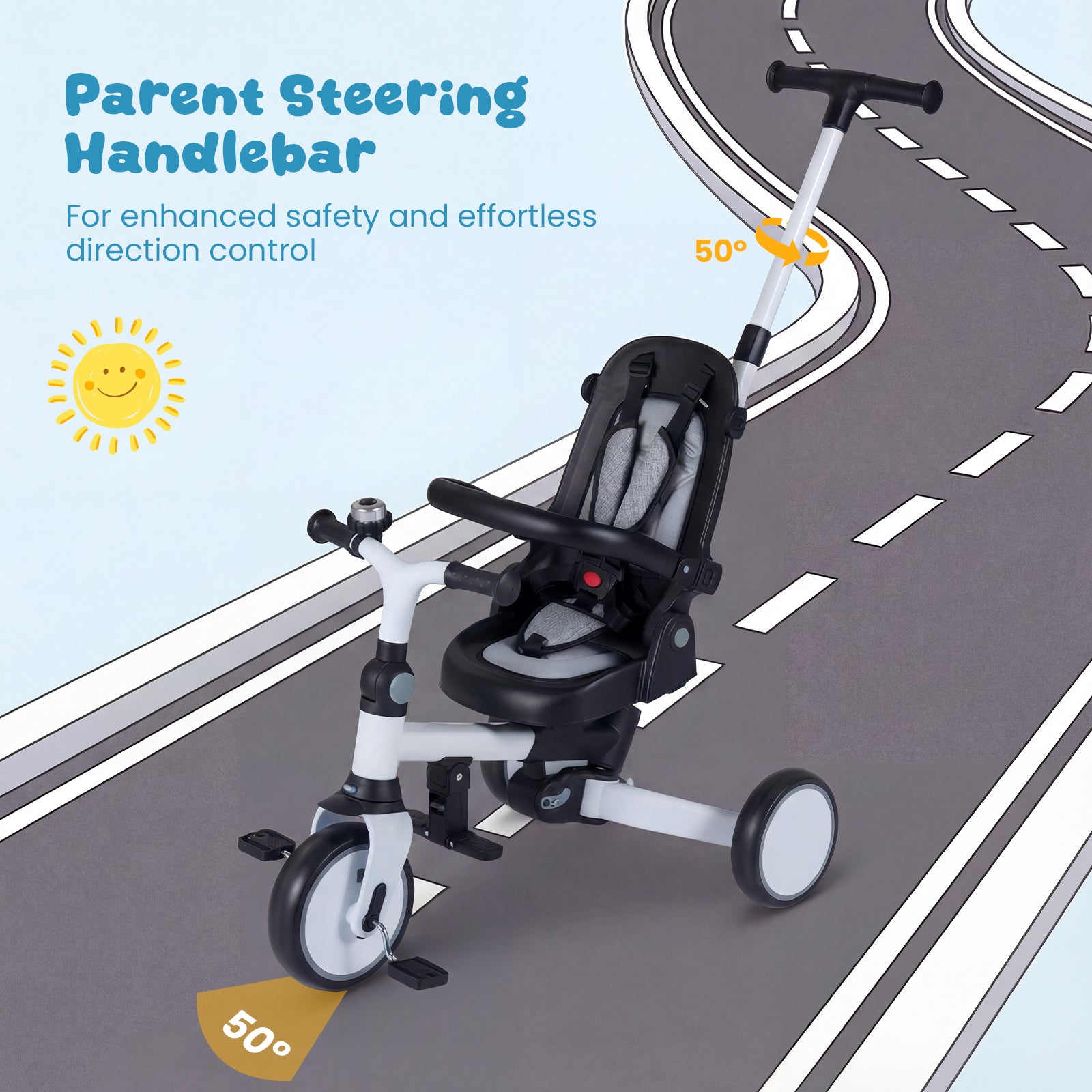 8-in-1 Folding Kids Tricycle with Removable Canopy and Push Handle-Gray