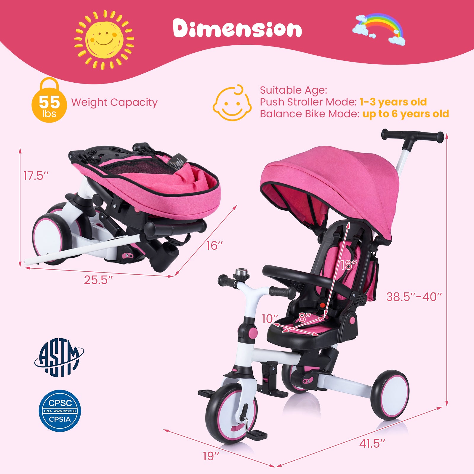 8-in-1 Folding Kids Tricycle with Removable Canopy and Push Handle-Pink