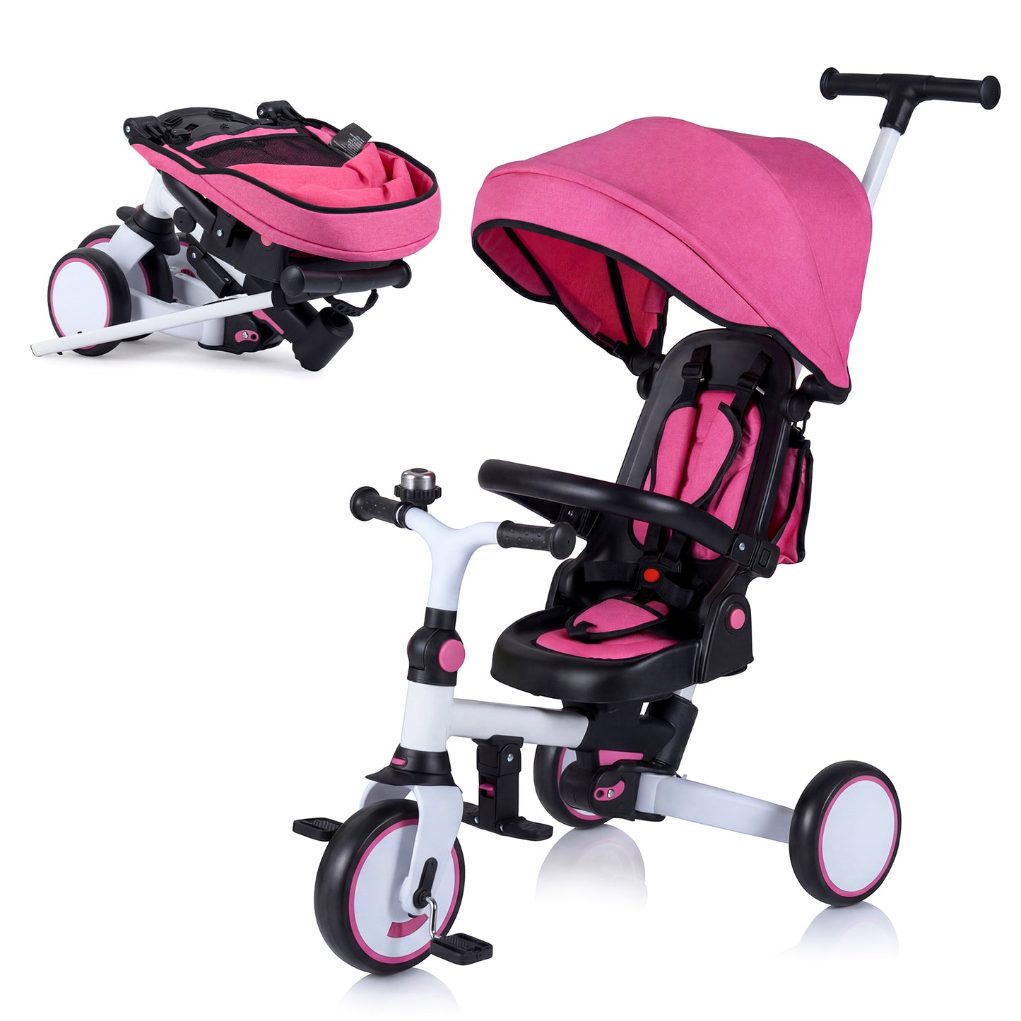 8-in-1 Folding Kids Tricycle with Removable Canopy and Push Handle-Pink