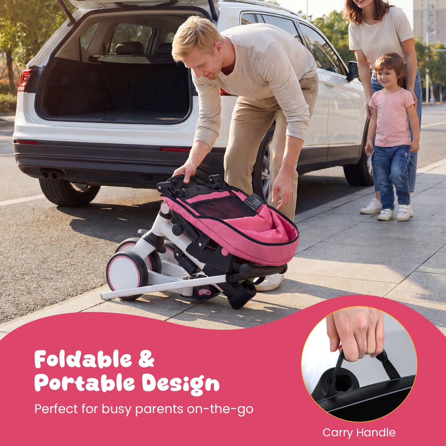 8-in-1 Folding Kids Tricycle with Removable Canopy and Push Handle-Pink