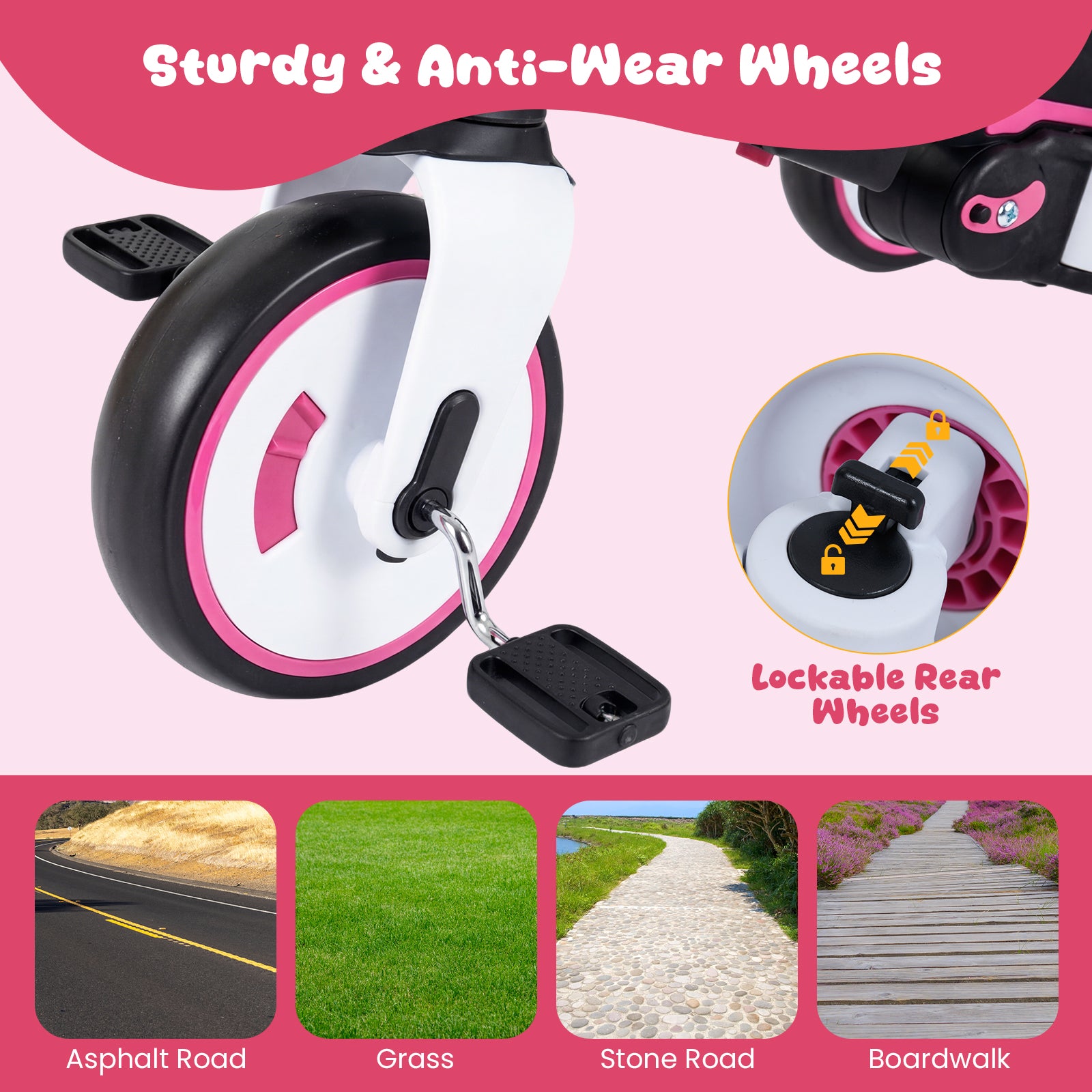 8-in-1 Folding Kids Tricycle with Removable Canopy and Push Handle-Pink