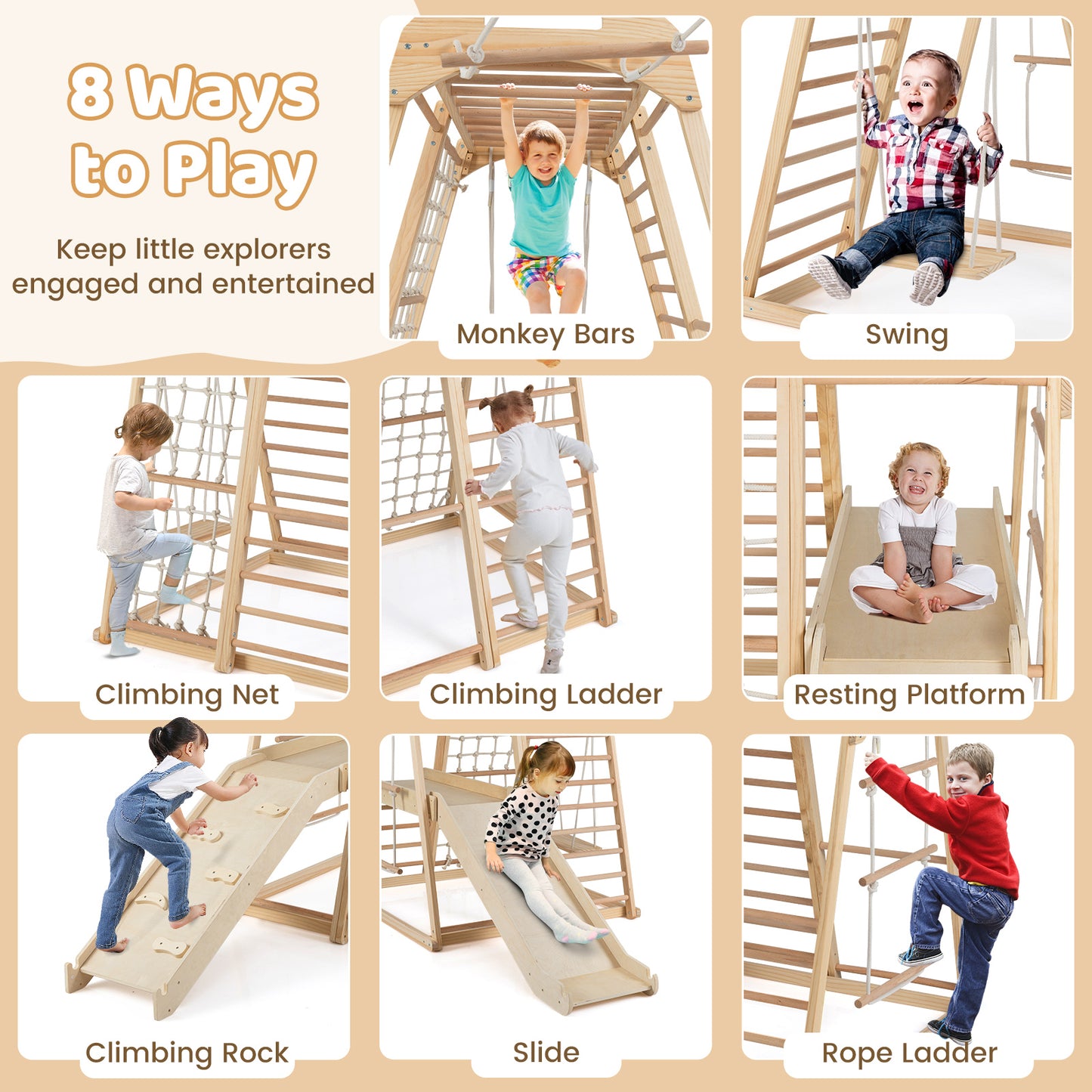 8-in-1 Jungle Gym Wooden Montessori Climber Playset with Slide and Monkey Bar for Kids 3-5 Years Old-Natural