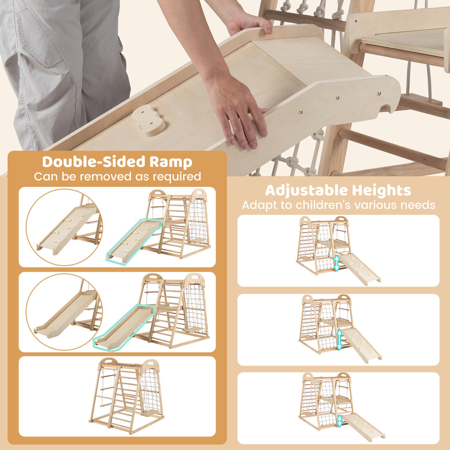 8-in-1 Jungle Gym Wooden Montessori Climber Playset with Slide and Monkey Bar for Kids 3-5 Years Old-Natural