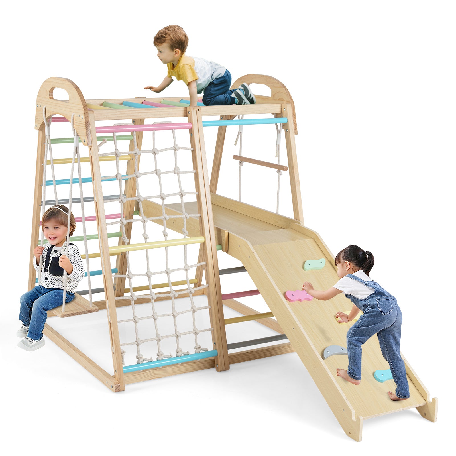 8-in-1 Jungle Gym Wooden Montessori Climber Playset with Slide and Monkey Bar for Kids 3-5 Years Old-Multicolor