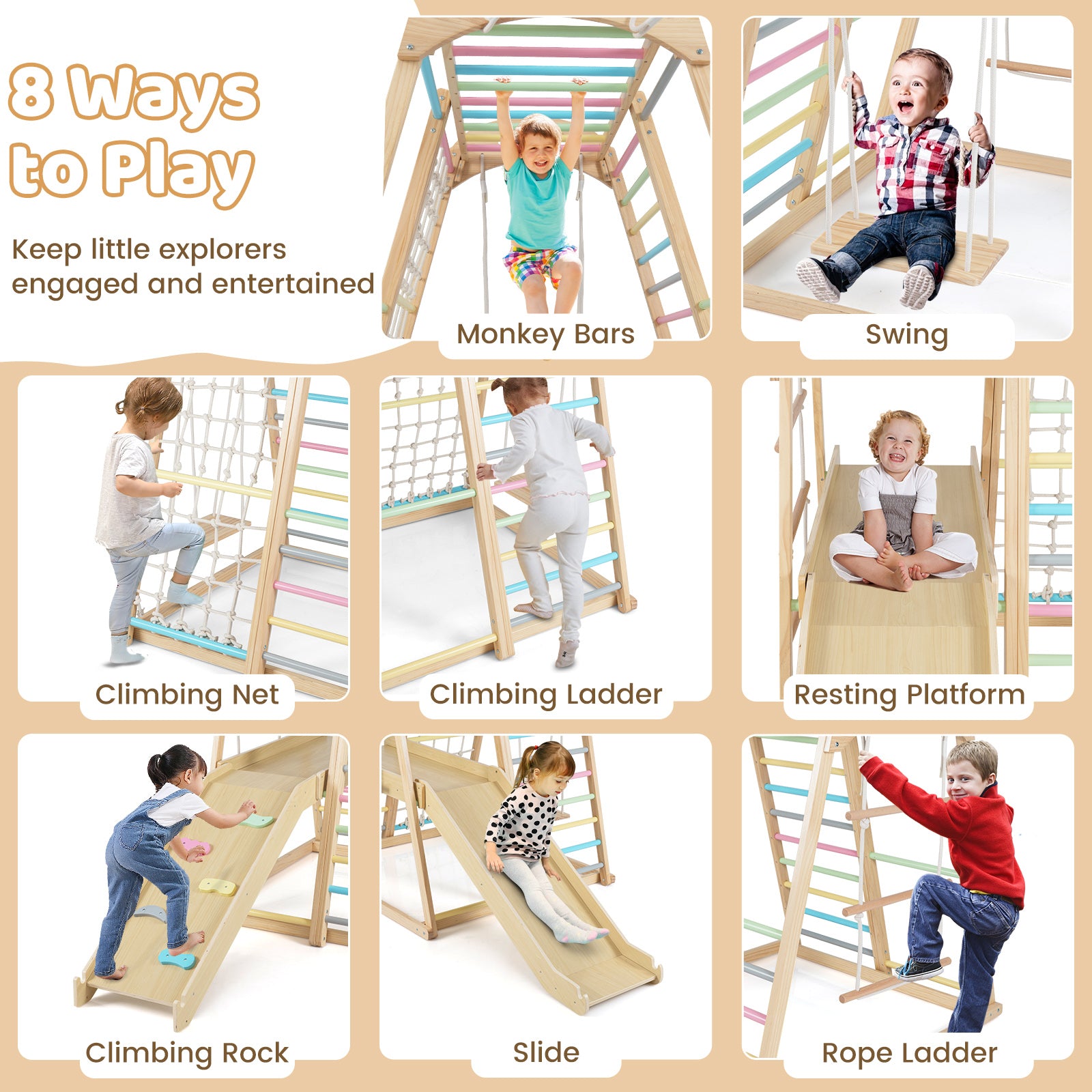 8-in-1 Jungle Gym Wooden Montessori Climber Playset with Slide and Monkey Bar for Kids 3-5 Years Old-Multicolor
