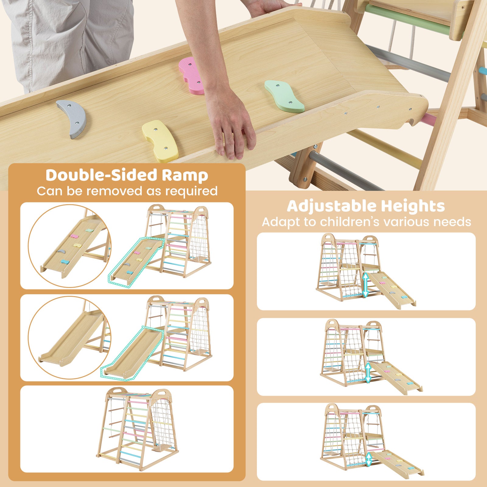 8-in-1 Jungle Gym Wooden Montessori Climber Playset with Slide and Monkey Bar for Kids 3-5 Years Old-Multicolor
