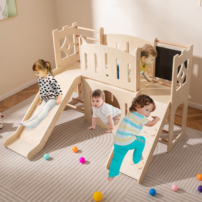 8-in-1 Toddler Slide Wooden Indoor Playground with Climber and Chalkboard-Natural