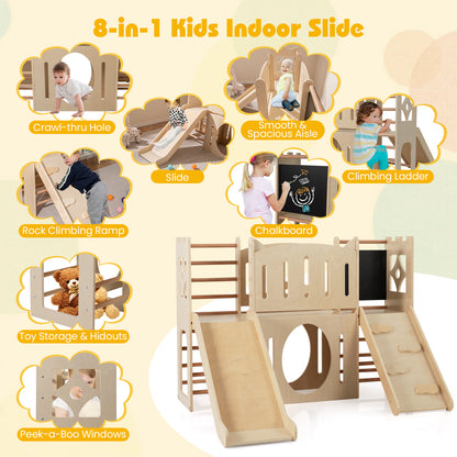 8-in-1 Toddler Slide Wooden Indoor Playground with Climber and Chalkboard-Natural