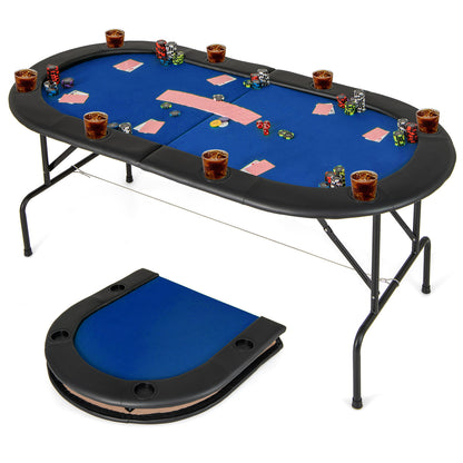 8 Players Texas Holdem Foldable Poker Table-Blue - Blue
