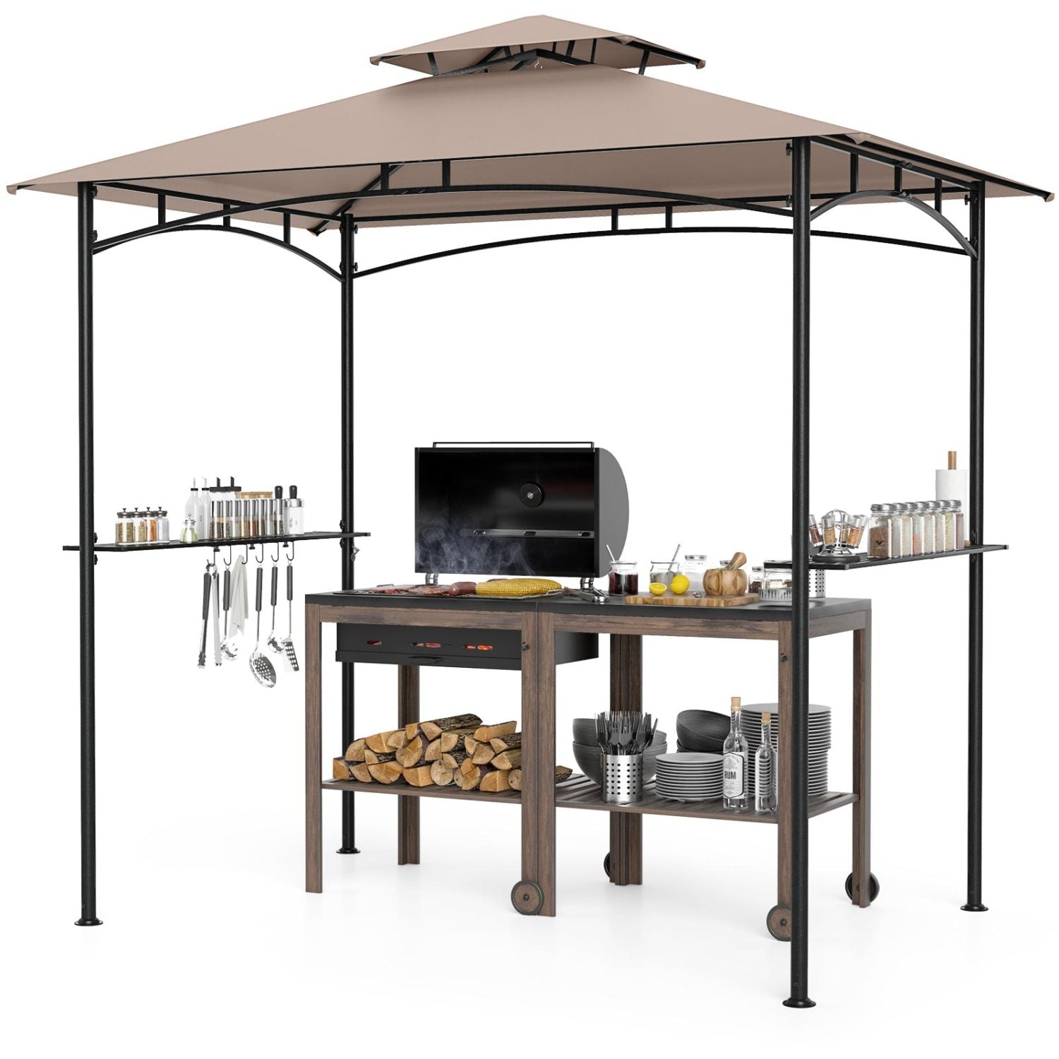 8 x 5 Feet Grill Gazebo with 2 Shelves 6 Hooks and Metal Frame-Gray - Rustic Brown