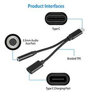 USB Type C to 3.5mm Aux Audio Charging Adapter Braided TPE Metal Shell Headphone Jack Splitter Cable Wire Charger