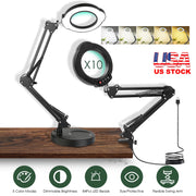 10X Magnifying Glass with Light And Stand Real Glass Lens Magnifying Desk Lamp with Clamp 5 Color Modes Dimmable Brightness For Craft Reading Painting