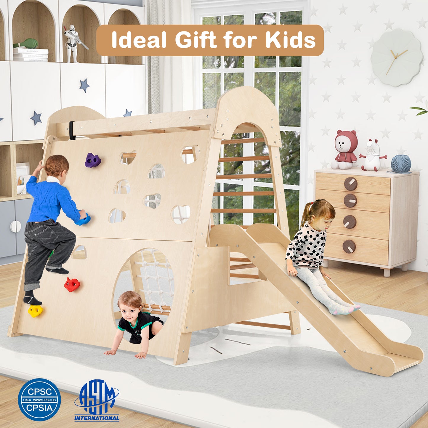 8-in-1 Indoor Jungle Gym Wooden Playground with Swing and Climbing Wall-Natural