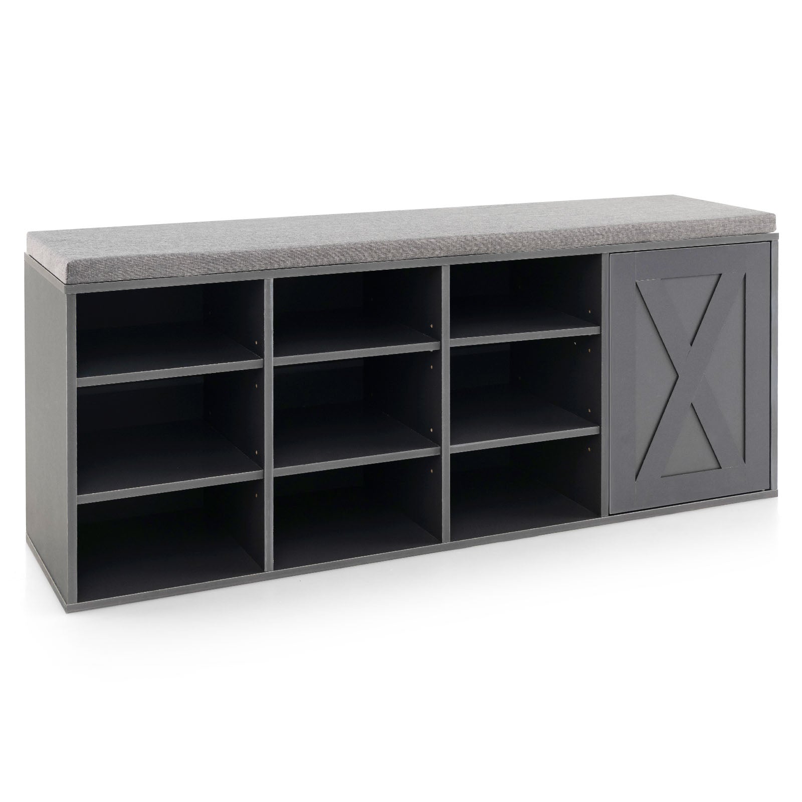 9-cube Shoe Bench with Adjustable Shelves and Removable Padded Cushion-Gray - Gray